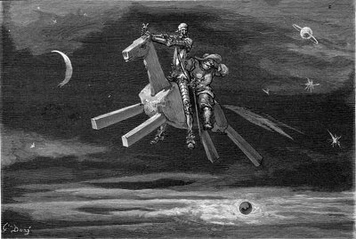 Don Quijote és Sancho Panca (Panza) az égen, a hold és a csillagok között, Clavilegne fából készült lovon lovagolva. Gustave Dore metszete, amely a "L