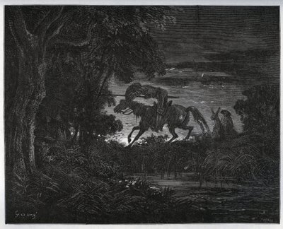 Don Quijote és Sancho Panza a kaland elején egy sűrű és ismeretlen erdőben - Miguel Cervantes (1547-1616) "Don Quijote de la Mancha" című művéből (Don Quijote) - Fametszet Gustave Dore rajza alapján alkotó: Gustave Dore