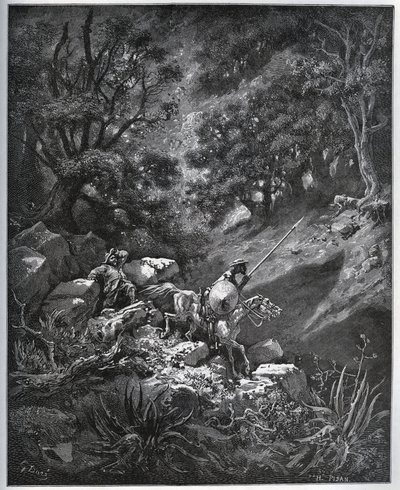 Don Quijote és Sancho Panza folytatja útját Sierra Morenában, a Deguenille-de-la-Malaise-bányát keresve - Miguel Cervantes (1547-1616) „Don Quijote de la Mancha” című művéből (Don Quijote) - Fametszet rajzolás után Gustave Dore alkotó: Gustave Dore