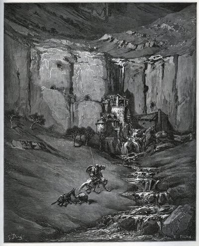 Don Quijote és Sancho Panza felfedezi, hogy mi okozta aggodalmukat, egy vízesés és egy malom, egy foulon – Miguel Cervantes (1547-1616) „Don Quijote de la Mancha” című művéből (Don Quijote) – Gustave Dore rajza alapján készült fametszet alkotó: Gustave Dore