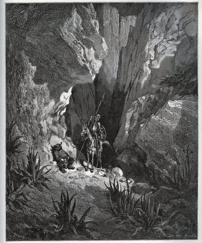 Don Quijote és Sancho Panza megtalálja az utazó dolgait – Miguel Cervantes (1547-1616) „Don Quijote de la Mancha” című művéből (Don Quijote) – Gustave Dore rajza alapján készült fametszet alkotó: Gustave Dore