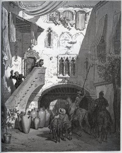 Don Quijote és Sancho Panza, akiket Don Diego de Miranda hívott otthonába, az úriember felesége és fia fogadja - Miguel Cervantes (1547-1616) „Don Quijote de la Mancha” című művéből (Don Quijote) - Fametszet Gustave rajza alapján Dore alkotó: Gustave Dore