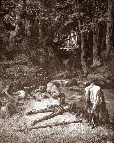Don Quijote és Sancho Panza felfrissíti őket egy pataknál Gustave Dore (1832-1883) metszet a „L