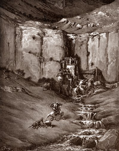 Don Quijote és Sancho Panza vízesést és zajos hodályokat lát (Don Quijote és sancho Panza vízesést és zajos hodályokat lát) Gustave Dore (1832-1883) metszete „The Ingenieux Hidalgo Don Quijote de la Mancha (Quixotte – Quijote)” című könyvéhez Miguel de Cer alkotó: Gustave Dore
