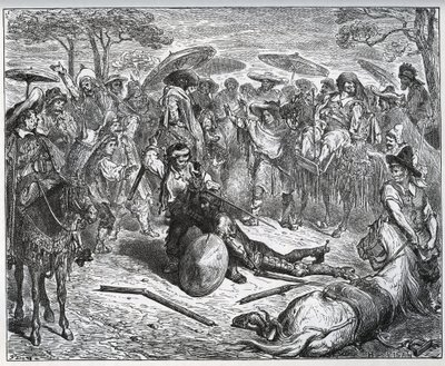 Don Quijote megverték egy kereskedőcsoport közepén – Az öszvérkészítő belekóstolt a játékba – Miguel Cervantes „Don Quijote de la Mancha” című művéből alkotó: Gustave Dore