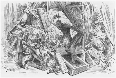 Don Quijote harcol a bábokkal, Miguel Cervantes (1547-1616) "Don Quijote de la Mancha" című illusztrációja, Heliodore Joseph Pisan (1822-90) metszete alkotó: Gustave Dore