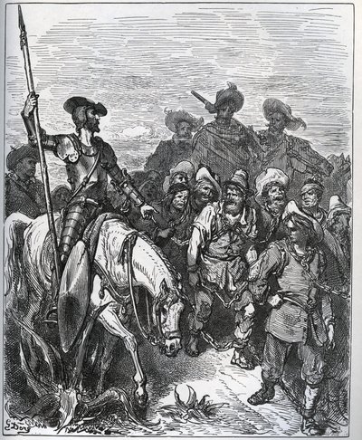 Don Quijote megkérdőjelezi az erőket meggyőződésük okairól – Miguel Cervantes (1547-1616) „Don Quijote de la Mancha” című művéből (Don Quijote) – Gustave Dore rajza alapján készült fametszet alkotó: Gustave Dore