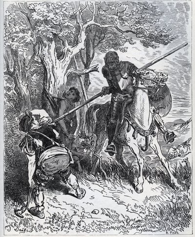 Don Quijote az ifjú inas oldalára áll – „A minket körülvevő nap által, nem tudom, ki akadályoz meg abban, hogy a pengémet a testen keresztül vessem” – Miguel Cervantes (1547) „Don Quijote de la Mancha” című részéből. 1616) (Don Quijote) - Fametszet Gusta r alkotó: Gustave Dore
