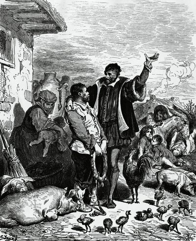 Don Quijote elviszi otthonából Sancho Panzát és kormányzónak kikiáltja, Gustave Dore (1832-1883) illusztrációja Miguel de Cervantes Saavedra (1547-1616) Don Quijote 1880-as kiadásához alkotó: Gustave Dore