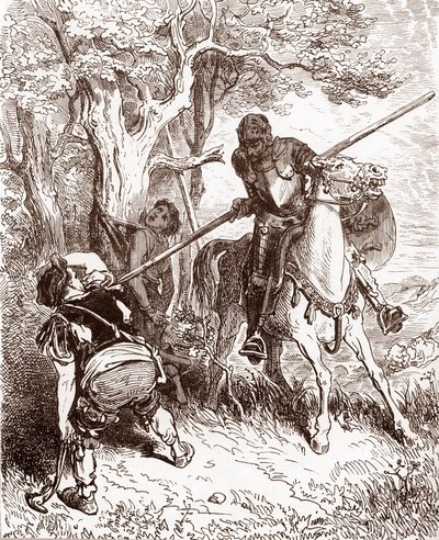 Don Quijote megfenyegeti a parasztot, aki a pásztorfiút szállította. Gustave Dore (1832-1883) metszetei Miguel de Cervantes (1547-1616) „L