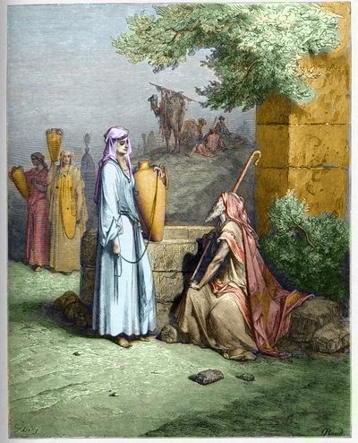 Eliézer és Rebeka – Eliézernek, Ábrahám szolgájának Rebeka – Eliezer és Rebecca – megkínál egy italt vízzel – Gustave Dore (1832-1883) „The Bible illustree”-be vésve – Metszet „A Dore Bibliából” alkotó: Gustave Dore