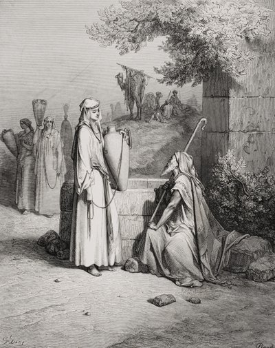 Eliézer és Rebeka, 1Móz 24:15-21, illusztráció Dore „The Holy Bible” (A Szent Biblia) című művéből, Piaud metszete, 1866 alkotó: Gustave Dore