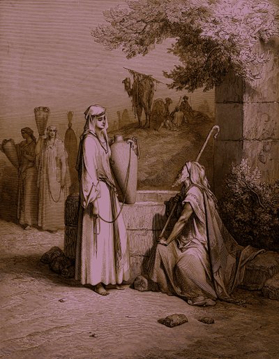 Eliezer és Rebeka / Rebeka, Doré metszete. - Biblia alkotó: Gustave Dore