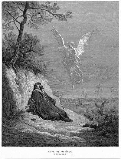 Illés elmegy a vadonba, és azt kéri, hogy haljon meg, de jön egy angyal, és azt mondja neki: "Kelj fel és egyél". Biblia 1 Királyok 19,5. Gustave Dore Bibliából 1865-1856. Fametszet alkotó: Gustave Dore
