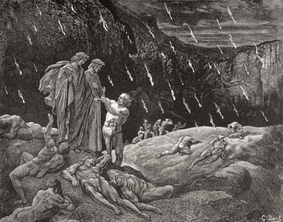 Gustave Dore metszete 1832-1883 francia művész és illusztrátor Dante Alighieri Inferno XV. ének 28. és 29. sorához alkotó: Gustave Dore