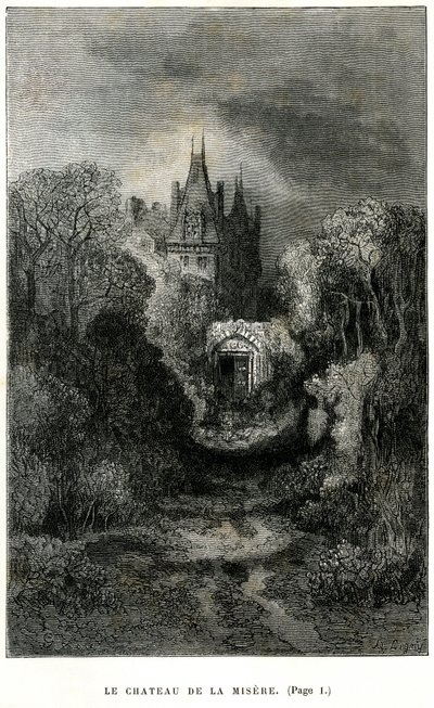 Gustave Dore metszete Theophile Gautier "Fracasse kapitány" című regényének címlapján. Charpentier kiadás 1863. A Chateau de la Misere, Sigognac báró otthona. alkotó: Gustave Dore