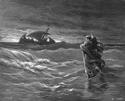 Jézus vízen járását ábrázoló metszet alkotó: Gustave Dore