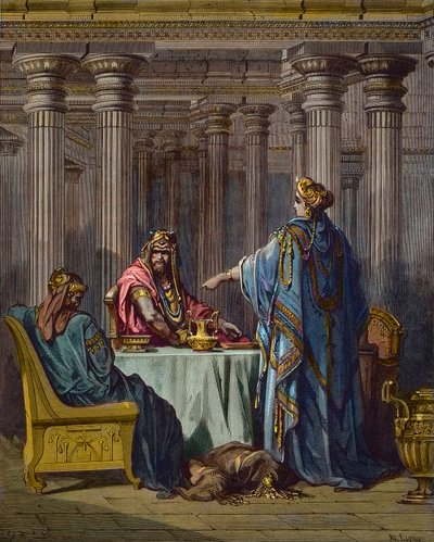 Eszter vádolja Hámánt (Aman) - bibliai jelenetek, Eszter és Aman, Gustave Dore fametszete - későbbi színezés alkotó: Gustave Dore