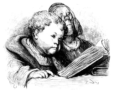 Gant Gargantua nevelése: gyermekként tanítójával együtt tanul meg olvasni. Gustave Dore illusztrációja Francois Rabelais művéhez. alkotó: Gustave Dore