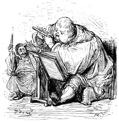 Gargantua oktatás: az ifjú úr fuvolázni tanul zenetanárával. Gustave Dore metszete, amely Rabelais művét illusztrálja. alkotó: Gustave Dore