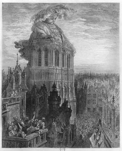 Gargantua a párizsi Notre-Dame tornyain, illusztráció Francois Rabelais (1494-1553) „Gargantua” című művéből, Pannemaker metszet (metszet) (bw fotó) alkotó: Gustave Dore