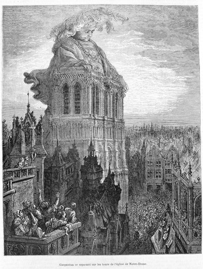 A Szűzanya-templom tornyain nyugvó gargantua. Metszet François Rabelais (1483-1553) Gargantua című műve után alkotó: Gustave Dore