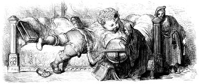 Gargantua nevelése: az óriás, még gyermekként, az ágyán fekszik, és tanáraival egy földgömböt tanulmányoz. Gustave Dore illusztrációja Francois Rabelais művéhez. alkotó: Gustave Dore