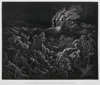Gedeon éjszaka támadja meg a midianitákat, Illusztráció a Dore Bibliából. alkotó: Gustave Dore