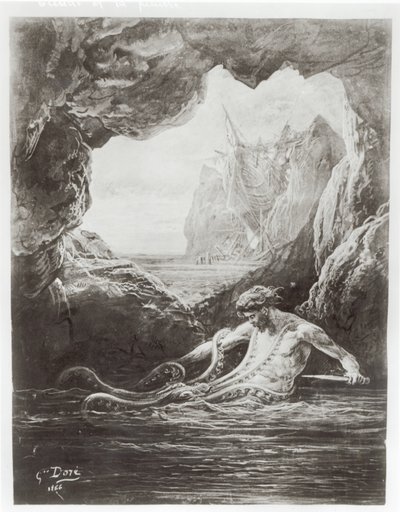 Gilliatt az óriás polippal küzd, illusztrációja Victor Hugo (1802-85) „Les Travailleurs de la Mer” című művéből, 1866 alkotó: Gustave Dore