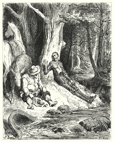 Gustave Dore Don Quijote: "Egy tiszta szökőkút, amelyet Don Quijote és Sancho néhány zöldellő fák között talált, felfrissítette őket" (metszet) alkotó: Gustave Dore