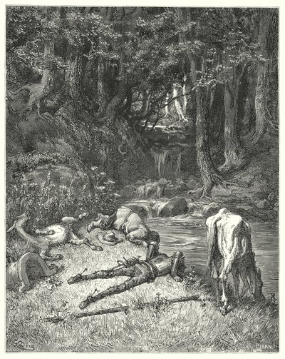 Gustave Dore Don Quijote: "Egy patakkal öntözött rét leszállásra hívta őket" (metszet) alkotó: Gustave Dore