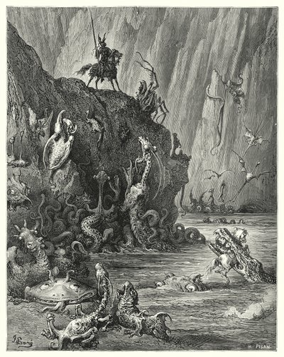 Gustave Dore Don Quijote: "Hatalmas, forró szurok tó, amelyben vad és szörnyű lények végtelen sokasága halad előre-hátra" (metszet) alkotó: Gustave Dore