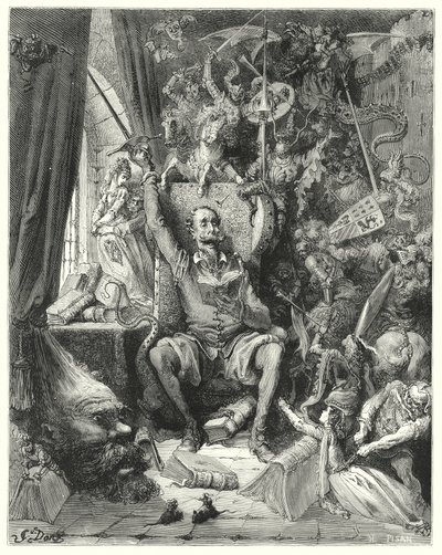 Gustave Dore Don Quijote: "A rendezetlen fogalmak világa, könyveiből kiválogatva, képzeletébe zsúfolva" (metszet) alkotó: Gustave Dore