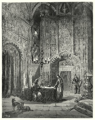 Gustave Dore Don Quijote: "Egy másik lány jön be a szobába, és elkezdi tájékoztatni, hogy melyik kastély ez, és hogyan van elvarázsolva benne" (metszet) alkotó: Gustave Dore