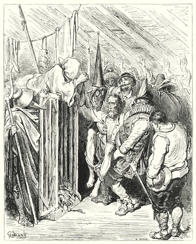 Gustave Dore Don Quijote: "Ne légy türelmetlen, ó, a bánatos alak lovagja, a bebörtönzése miatt" (metszet) alkotó: Gustave Dore