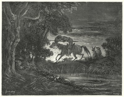 Gustave Dore Don Quijote: "Don Quijote rettenthetetlen szíve kíséretében Rozinantéra ugrott" (metszet) alkotó: Gustave Dore