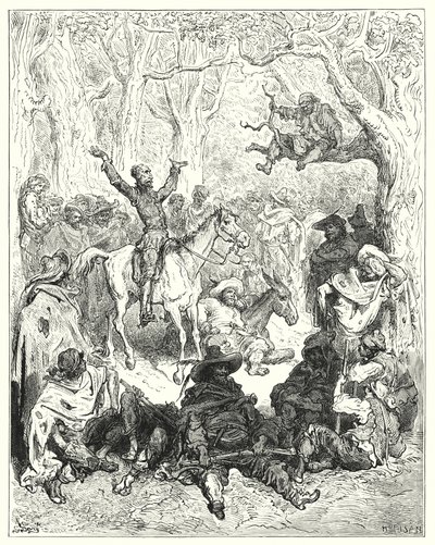 Gustave Dore Don Quijote: "Don Quijote, Rozinante-ra szerelve, nagyon bőszen kiált az életmódjuk ellen" (metszet) alkotó: Gustave Dore