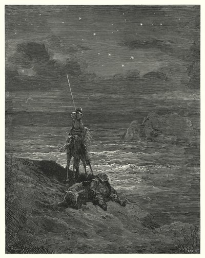 Gustave Dore Don Quijote: "Don Quijote ott maradt, és várta a nap közeledtét" (metszet) alkotó: Gustave Dore