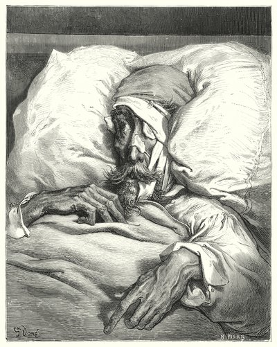 Gustave Dore Don Quijote: "Don Quijote, aki így szerencsétlenül megsérült, rendkívül mogorva és melankolikus volt" (metszet) alkotó: Gustave Dore