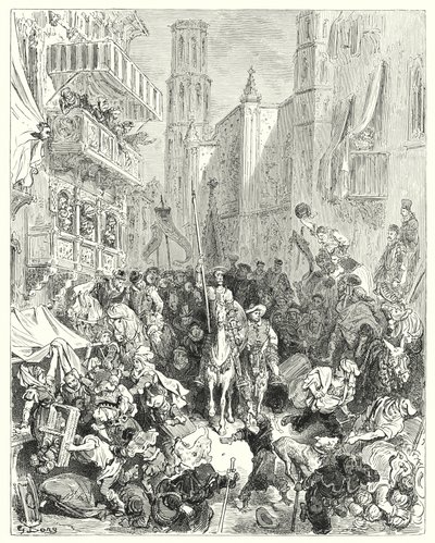 Gustave Dore Don Quijote: „A brigád közepébe zárva a város felé vezették” (metszet) alkotó: Gustave Dore