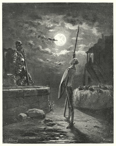 Gustave Dore Don Quijote: "Kecses viselkedéssel kezdett járkálni a lóvályú mellett" (metszet) alkotó: Gustave Dore