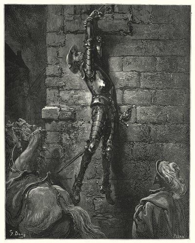 Gustave Dore Don Quijote: "Elkerülhetetlenül a földre esett, ha a csuklója nem volt biztonságosan rögzítve a kötélhez" (metszet) alkotó: Gustave Dore