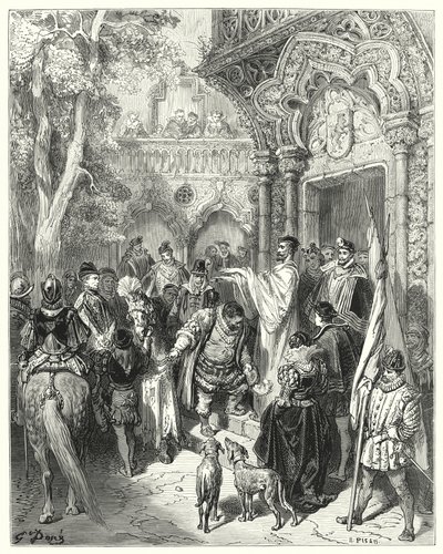 Gustave Dore Don Quijote: "Búcsúzáskor kezet csókolt a hercegnek és a hercegnőnek, és megkapta gazdája áldását" (metszet) alkotó: Gustave Dore