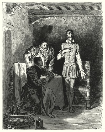 Gustave Dore Don Quijote: "Elmesélte az uraknak a lány elvarázsolásának teljes történetét" (metszet) alkotó: Gustave Dore