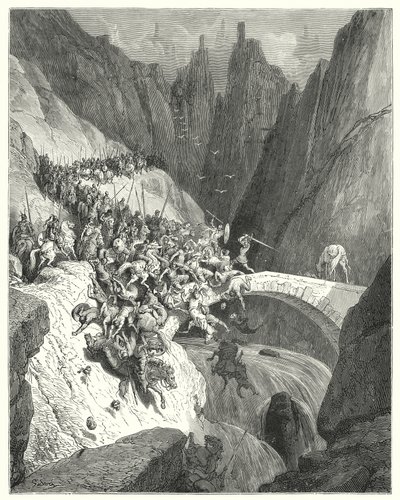 Gustave Dore Don Quijote: "Hogyan védte meg Don Diego Garcia egyetlen erejével egy híd átjáróját egy nagy hadsereg ellen" (metszet) alkotó: Gustave Dore