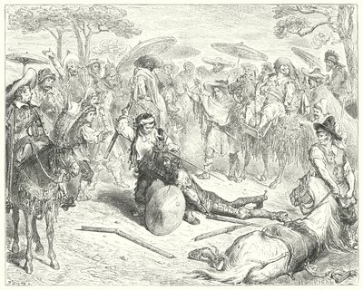 Gustave Dore Don Quijote: "A karja ellenére úgy csapkodta, mint egy búzakévét" (metszet) alkotó: Gustave Dore