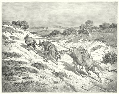 Gustave Dore Don Quijote: "A kötőféknél fogva vezette a szamarat, és a legközelebbi úton ment a főúthoz, amit kitalált" (metszet) alkotó: Gustave Dore