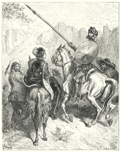 Gustave Dore Don Quijote: „Most, hölgyem – mondta Don Quijote –, hadd könyörögjek nagyságodhoz, mondja meg, melyik utat kell mennünk, hogy szolgálatot tegyek” (metszet) alkotó: Gustave Dore