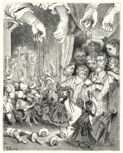 Gustave Dore Don Quijote: „Nézze meg, milyen hatalmas csillogó lovas társaság özönlik ki a városból a keresztény szerelmesek üldözésére” (metszet) alkotó: Gustave Dore