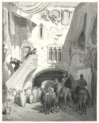 Gustave Dore Don Quijote: "Ó, ti tobosi urnák! melyek felébresztik elmémben legkeserűbb bánatom édes zálogának gondolatait!" (metszés) alkotó: Gustave Dore